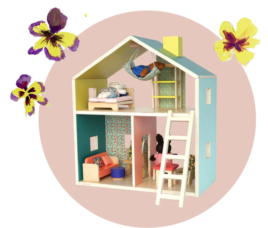 Little Nook Playhouse on pink background, with flowers border
