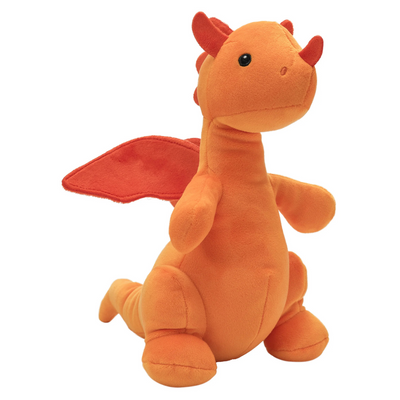 Orange plush dragon toy on a white background