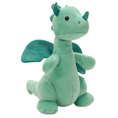 Green plush dragon toy on a white background