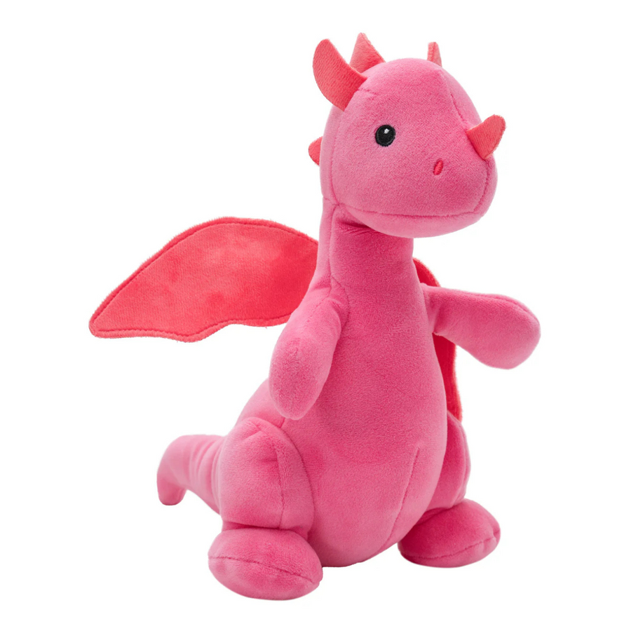Pink plush dragon toy on a white background