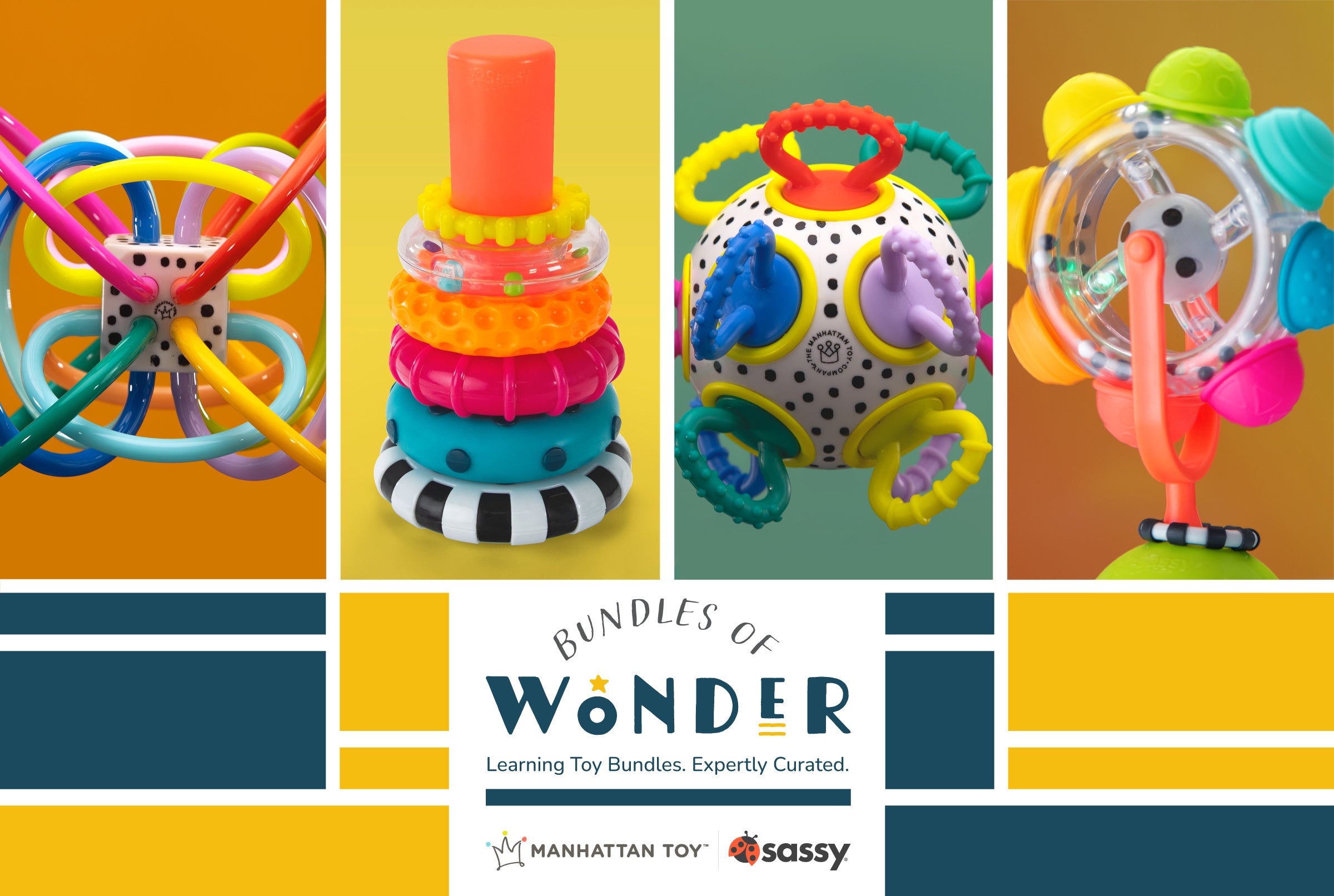 Collage of colorful baby toys with 'Bundles of Wonder' branding.