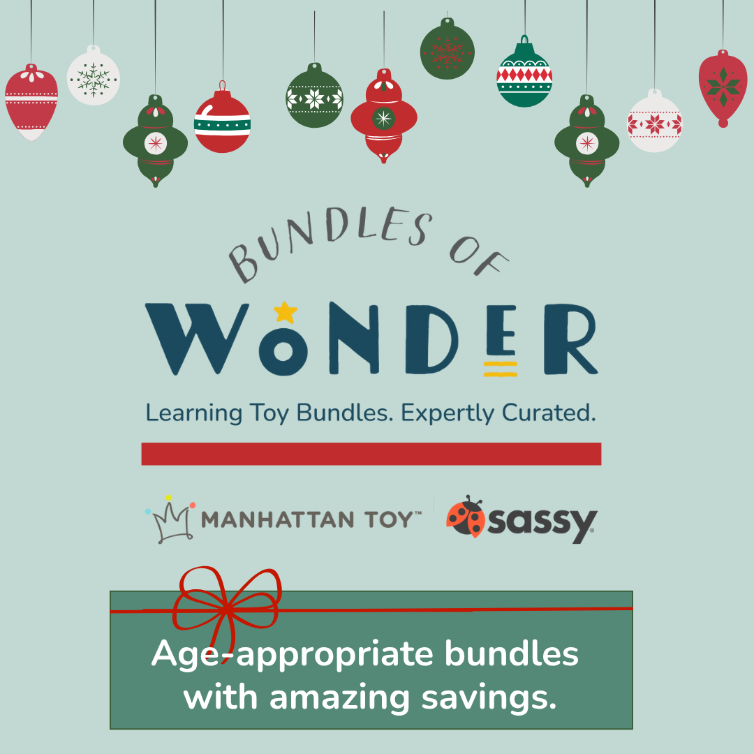 Bundles of Wonder Banner on Green background surrounded by ornaments with text "age-appropriate bundles with amazing savings."
