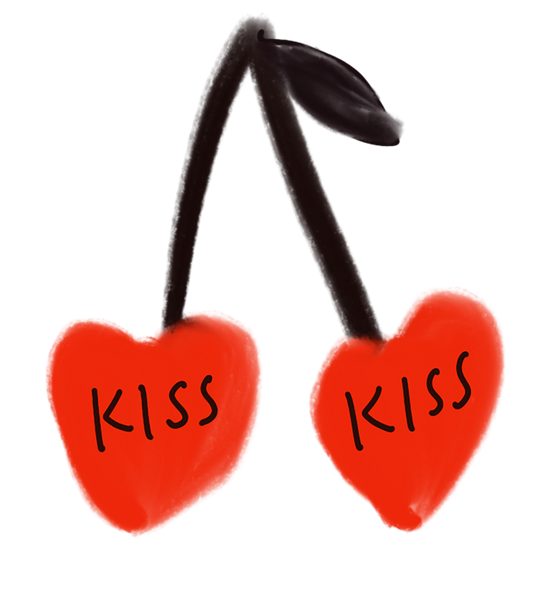 Heart Cherries illustration that says Kiss on each cherry