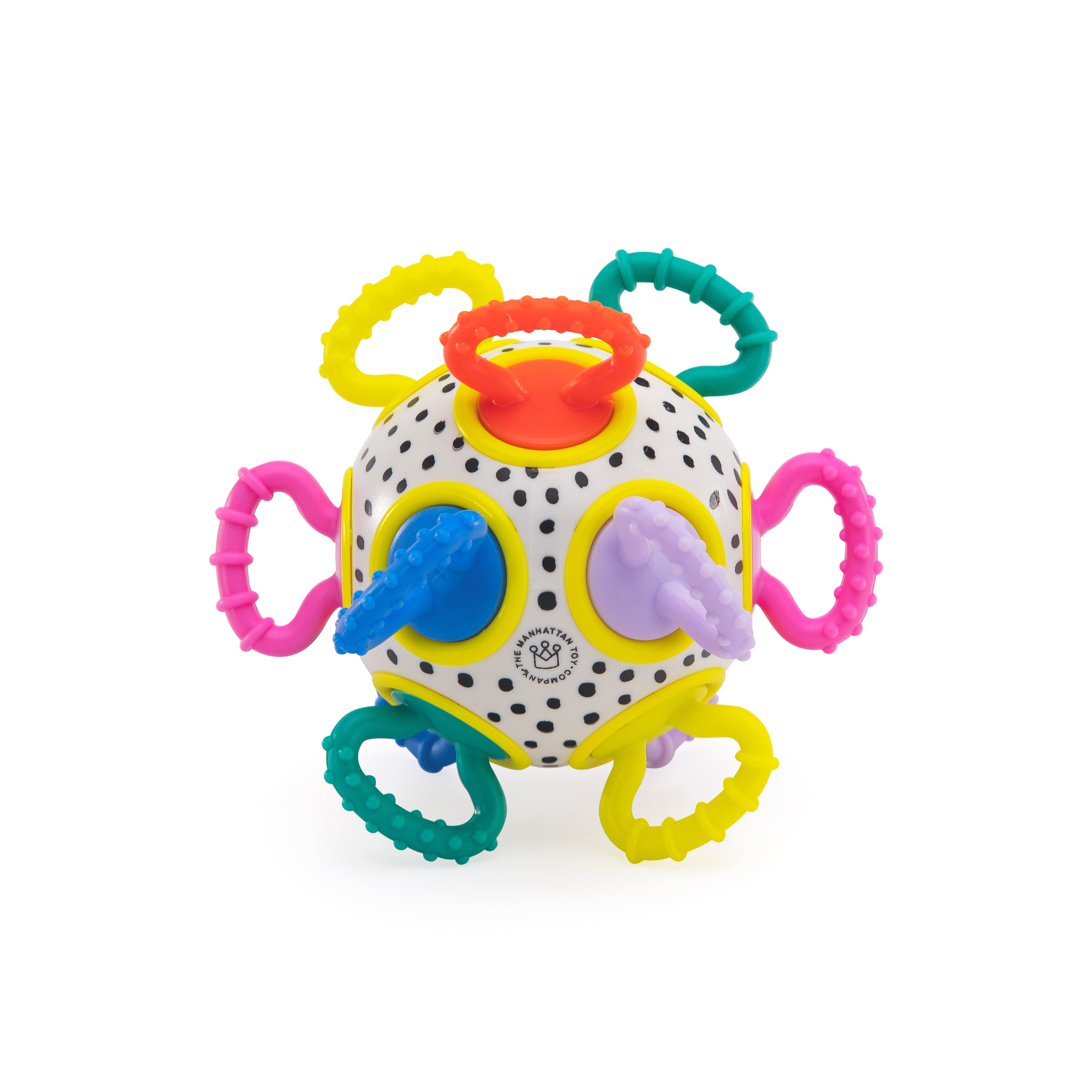 Colorful baby toy with multiple handles and a polka dot design on a white background