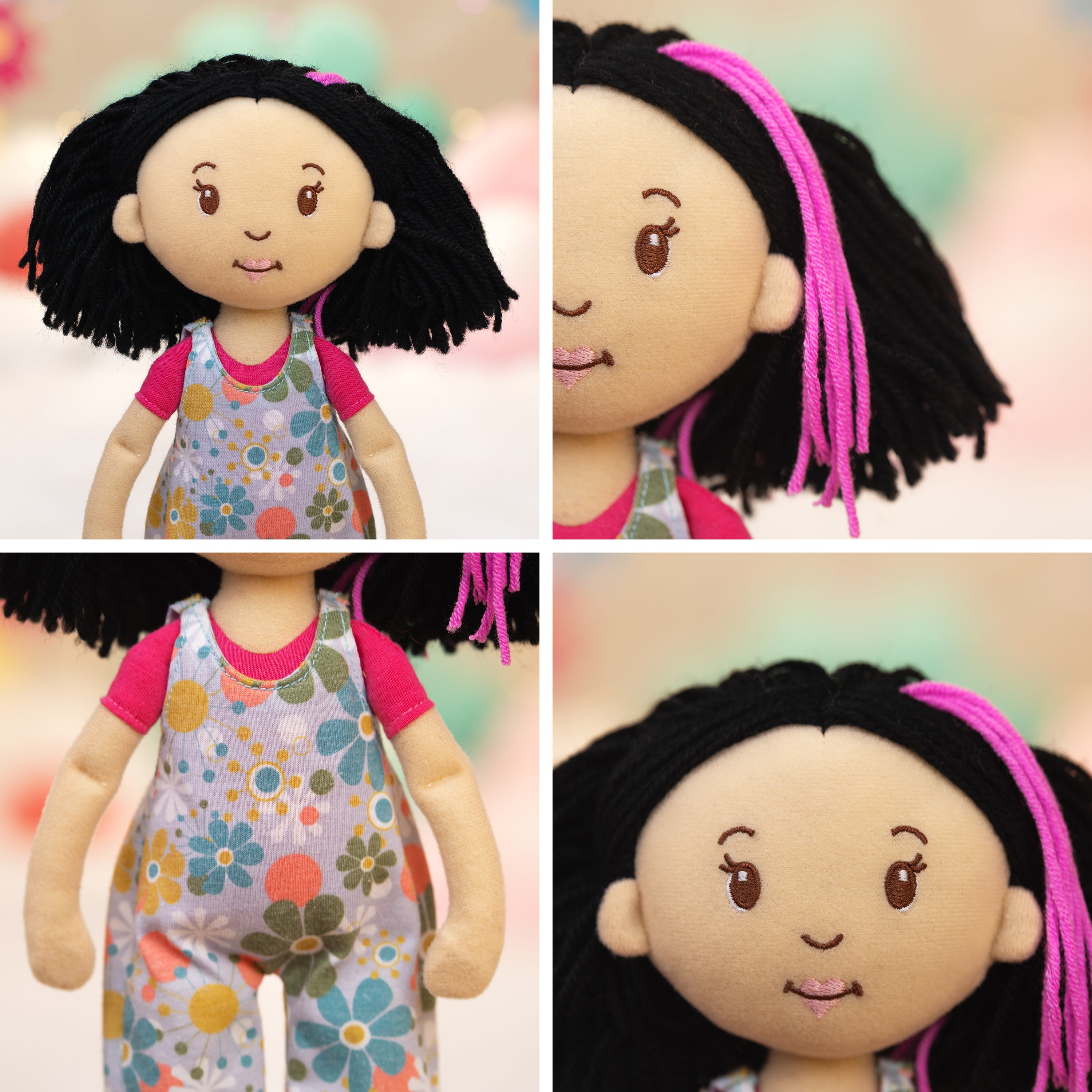 Detail images of Groovy Girls Daisy doll with pink braid hair and floral pattern overalls