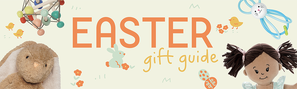 Easter Gift Guide banner that includes various toys peaking into the frame including a plush tan bunny, a colorful wood grasping toy, a blue and white bunny shaped rattle and a brown haired soft baby doll. The banner is also decorated with Easter and spring themed icons including yellow chicks, orange flowers, colorful Easter eggs and a blue bunny.