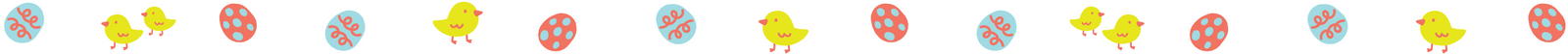 Colorful Easter eggs and little yellow chicks alternating from left to right creating a colorful Easter themed page break. 