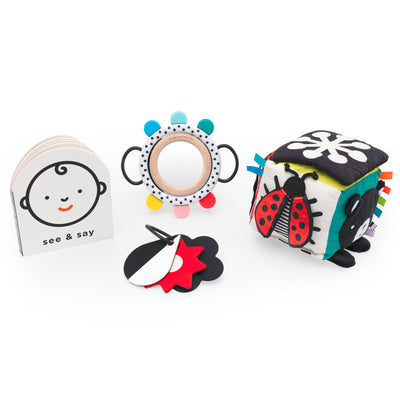 Group visual of a black and white baby board book, grasping toy with colorful nubs and a baby safe mirror, teething shapes and a black and white soft sensory cube. 