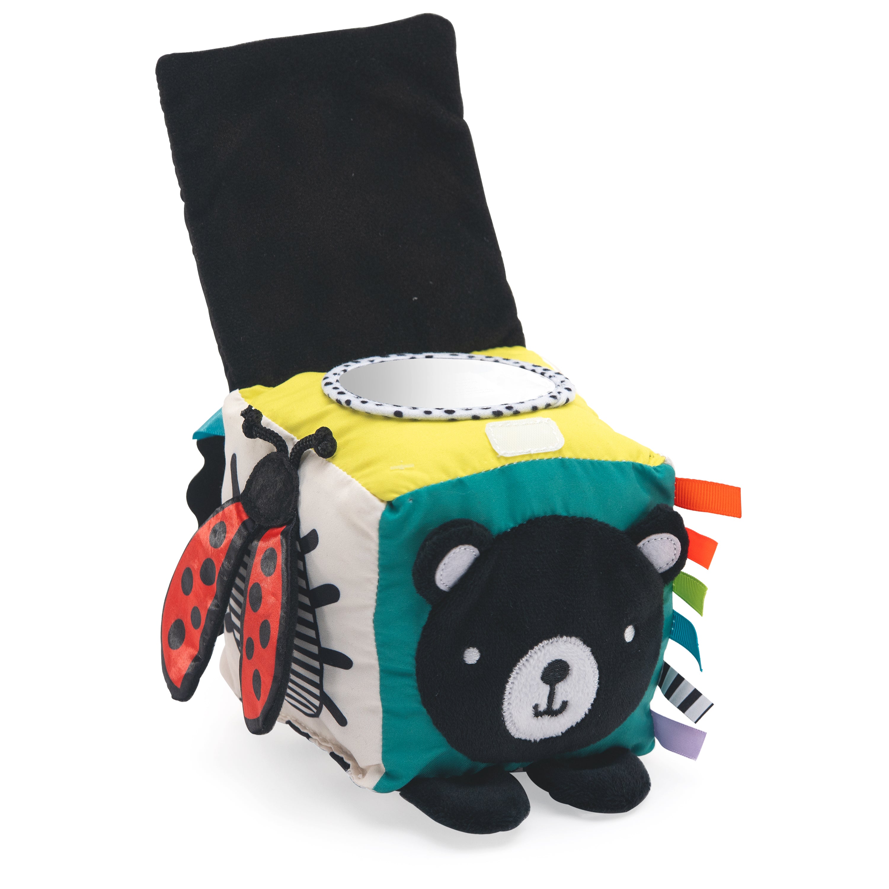 Colorful baby toy with a bear face, ladybug, and other shapes on a white background