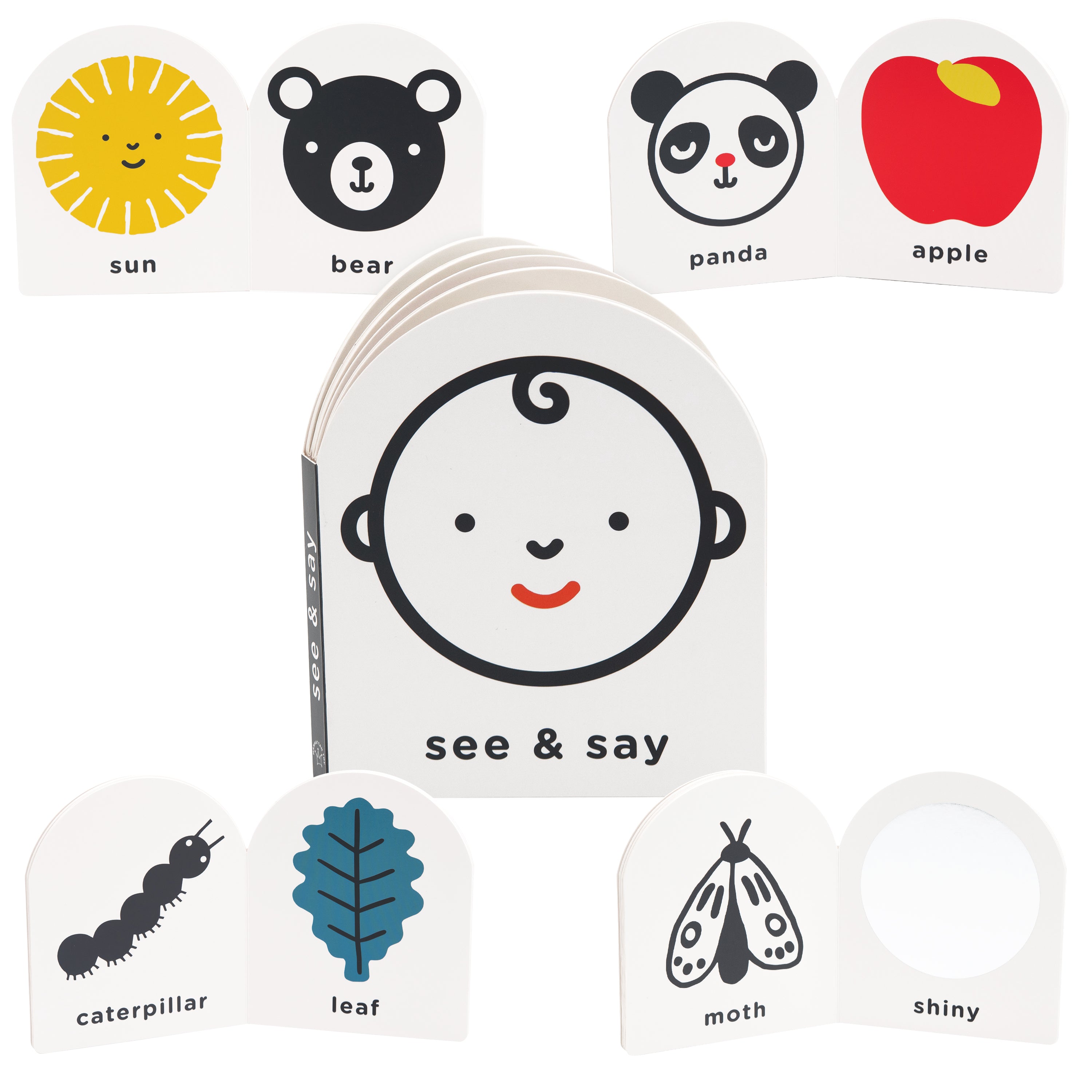 Children's educational book titled 'see & say' with illustrated cards on a white background