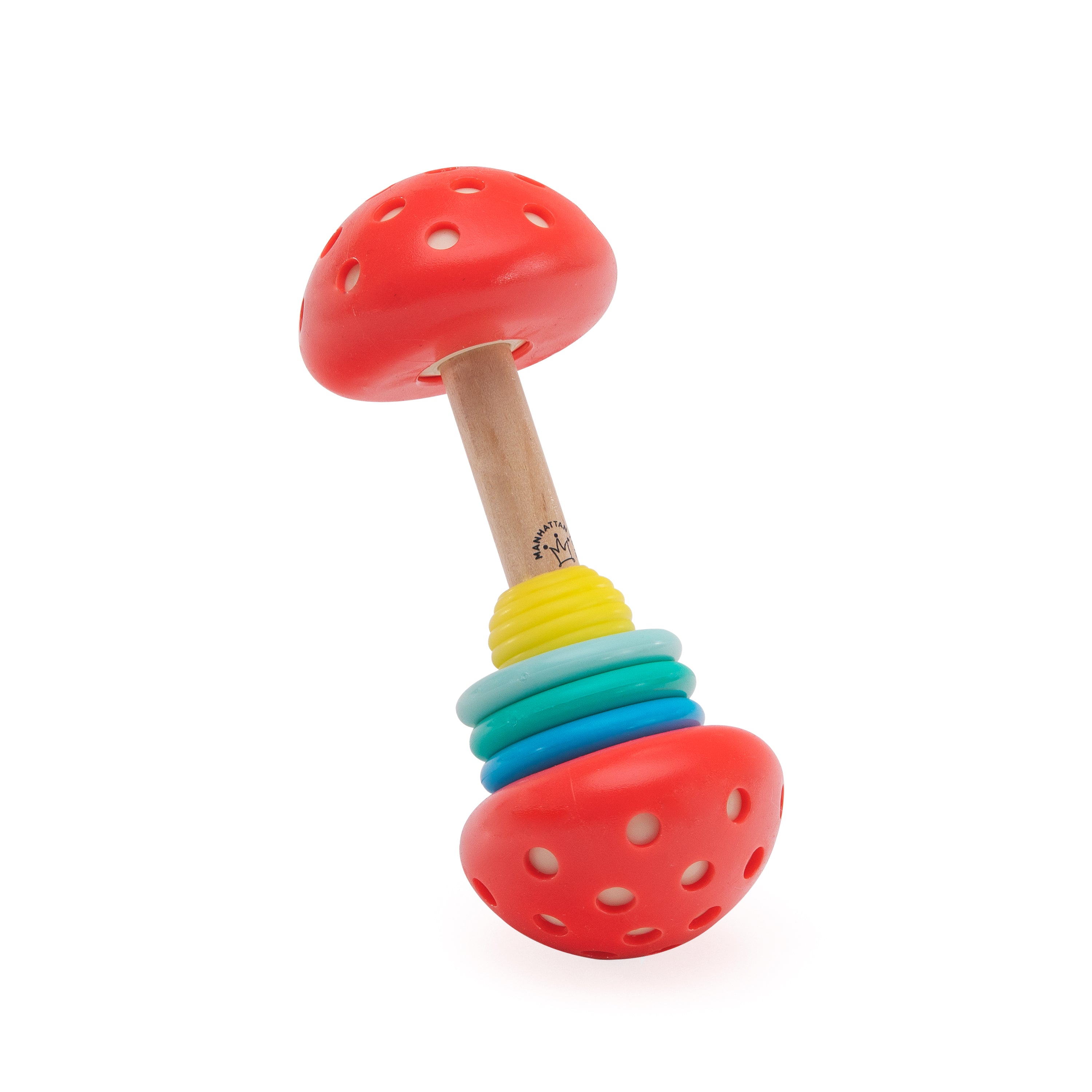 Colorful wooden rattle toy with red ends on a white background