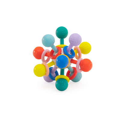 Colorful baby teething toy on a white background