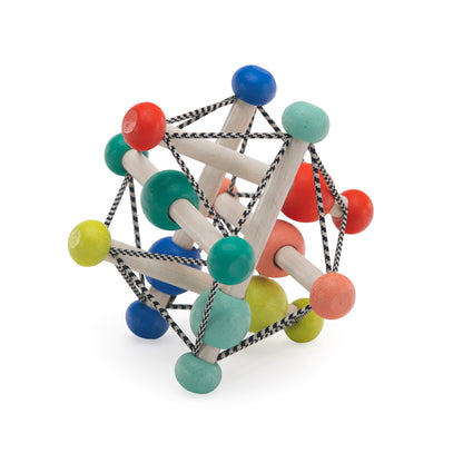 Colorful geometric wooden toy with multicolored beads on a white background