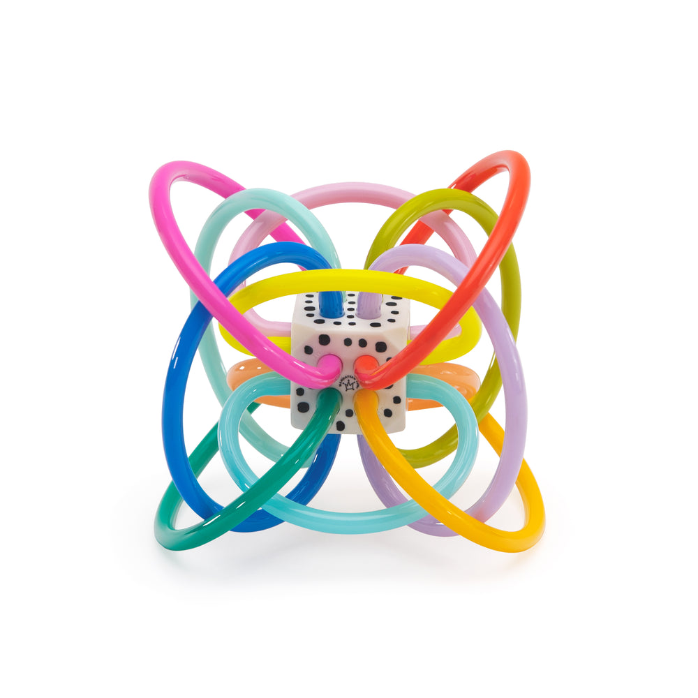 Colorful baby teething toy with multiple loops on a white background