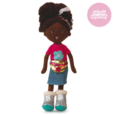 soft doll wearing a pink shirt with blue flower, denim skirt, silver boots, and gold waist bag.