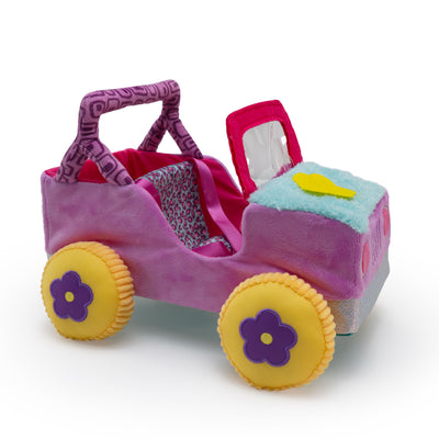 100% soft pink toy car with yellow wheels and purple flowers on a white background
