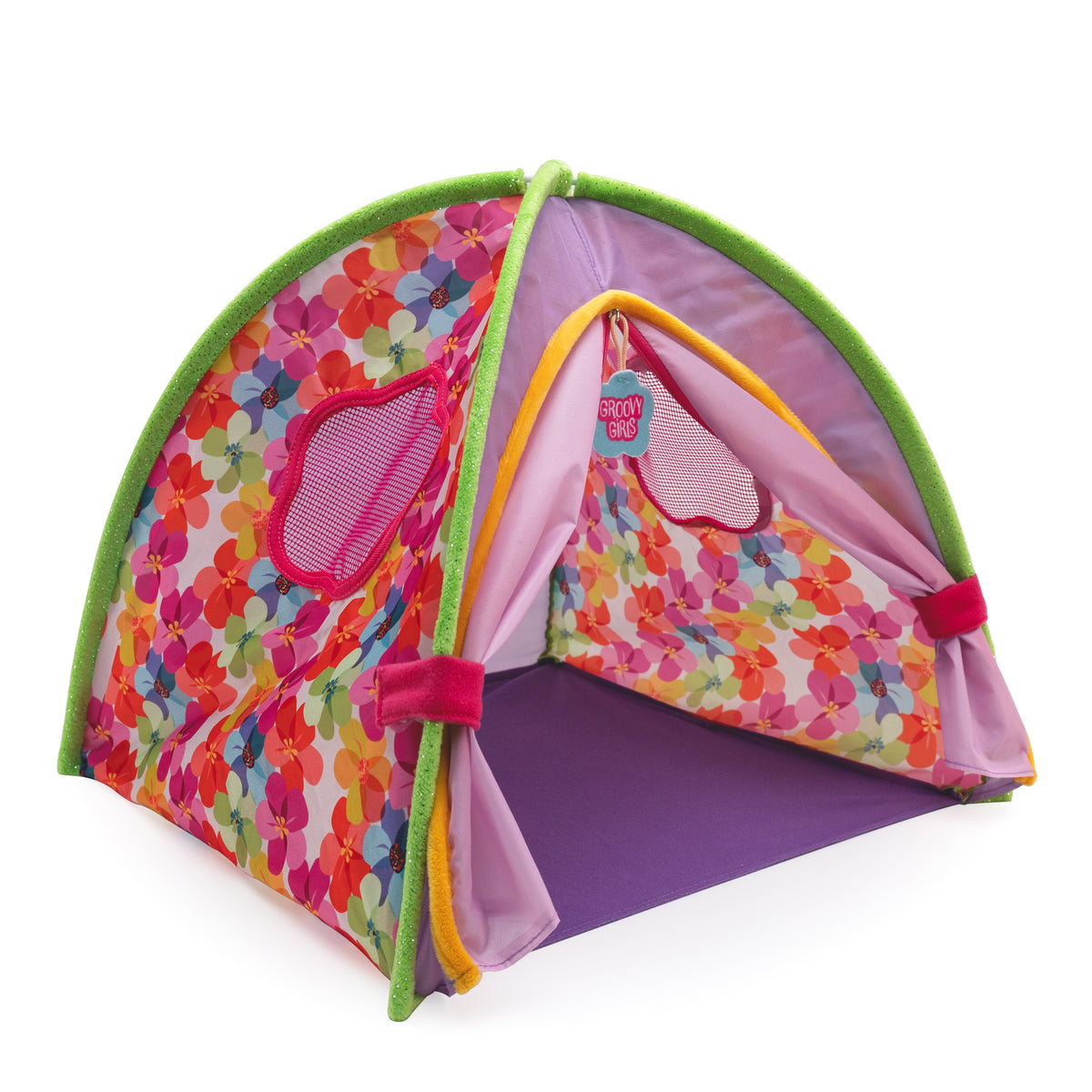 Colorful doll tent with Groovy Girls zipper and tent flaps held open