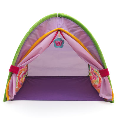 Colorful doll tent with Groovy Girls zipper and tent flaps held open to reveal empty tent