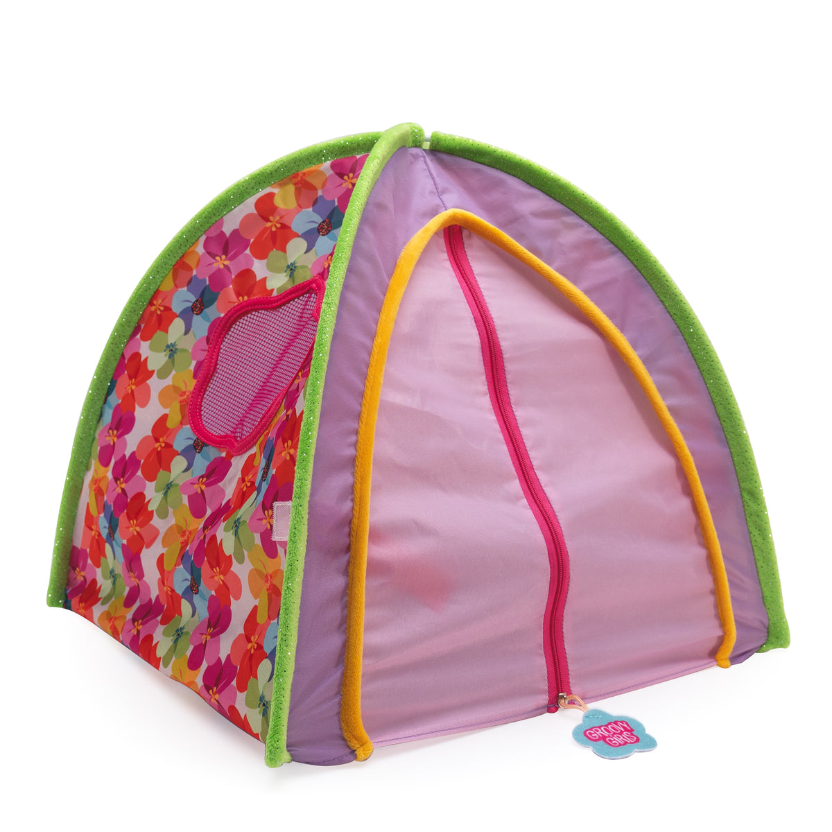 Colorful doll tent with Groovy Girls zipper and tent flaps closed.