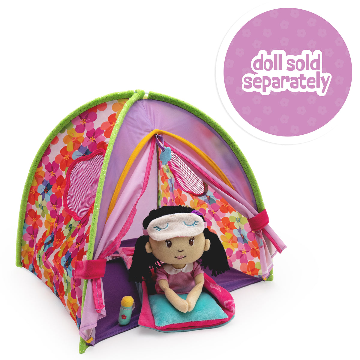 Doll laying inside colorful doll tent with tent flaps held open 