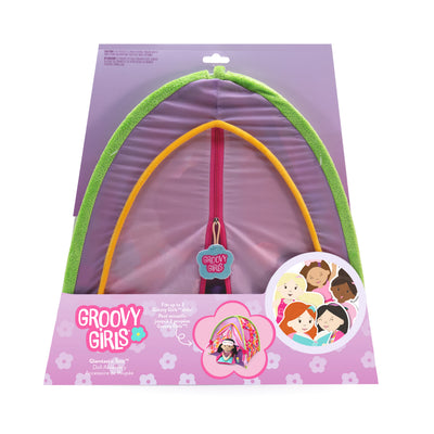 Groovy Girls tent in purple packaging with flowers and doll illustrations on it