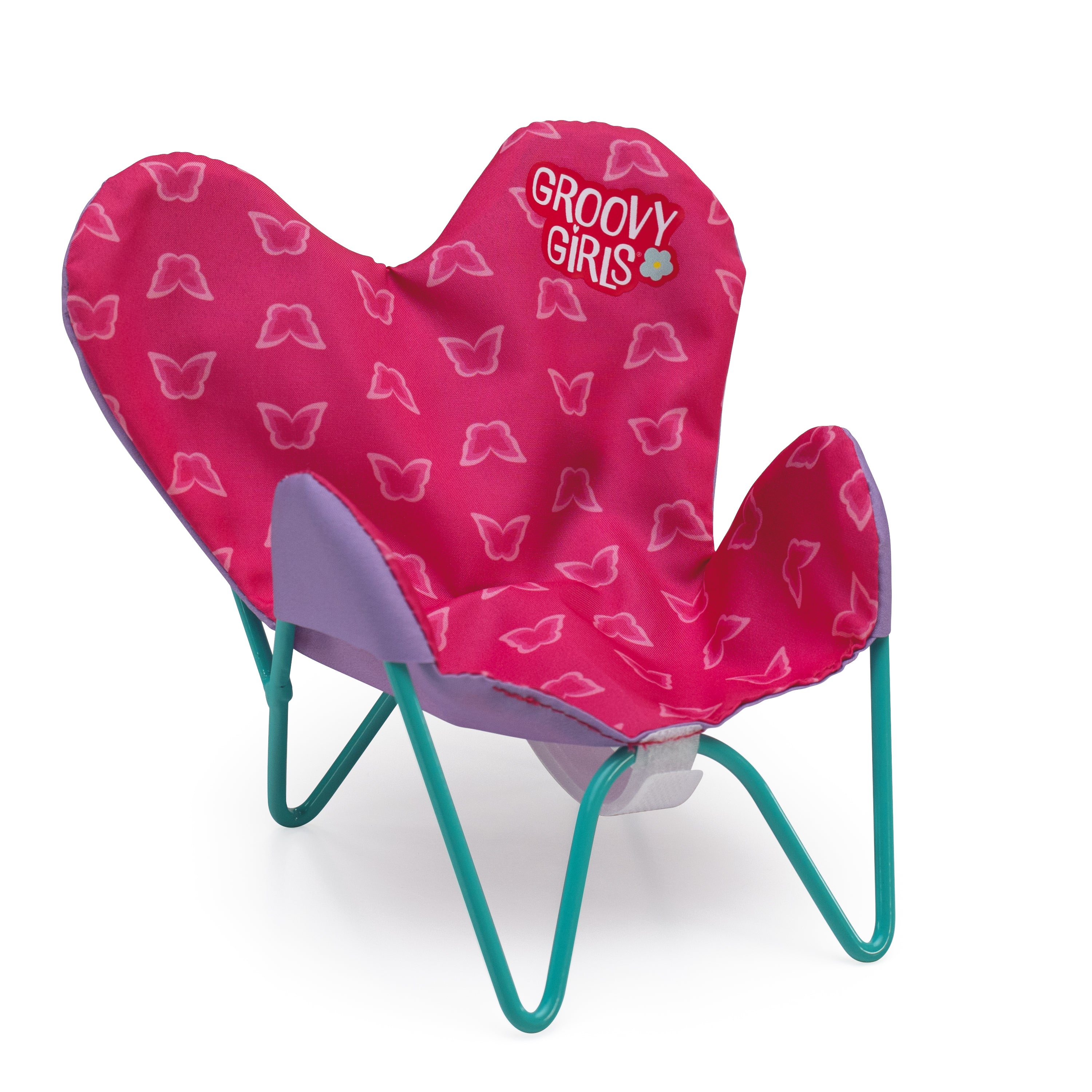 Pink Groovy Girls butterfly chair with butterfly pattern and Groovy Girls logo.