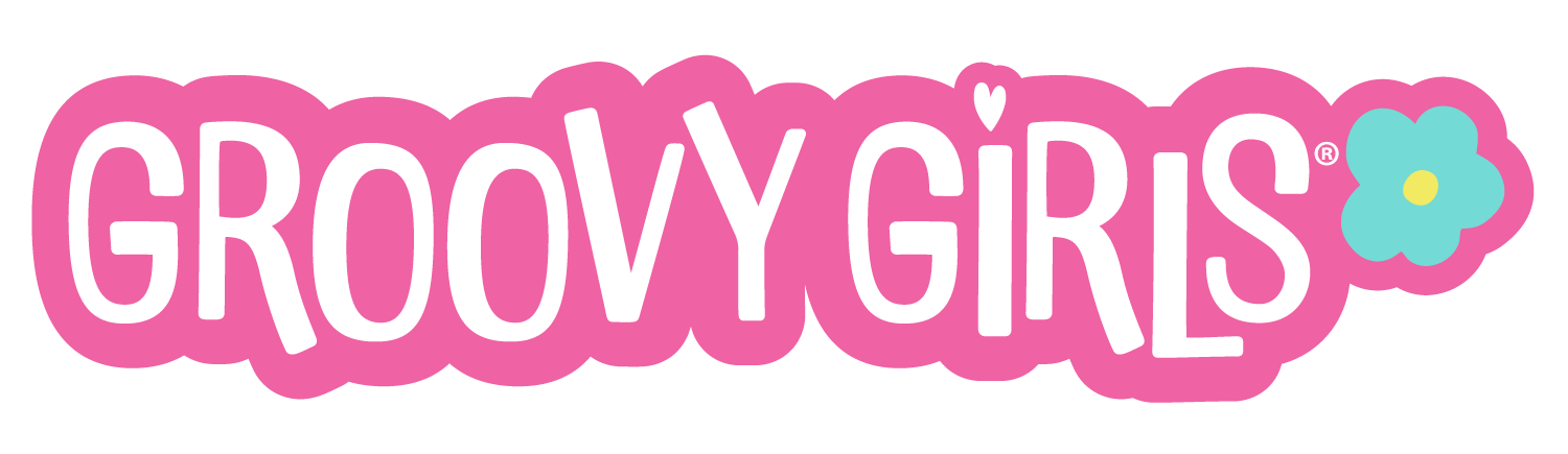 Logo of Groovy Girls with pink text and a flower icon on a white background
