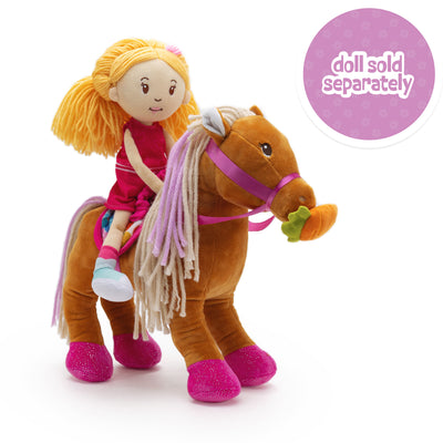 Plush horse with a doll on a white background, with a purple circle indicating the doll is sold separately.
