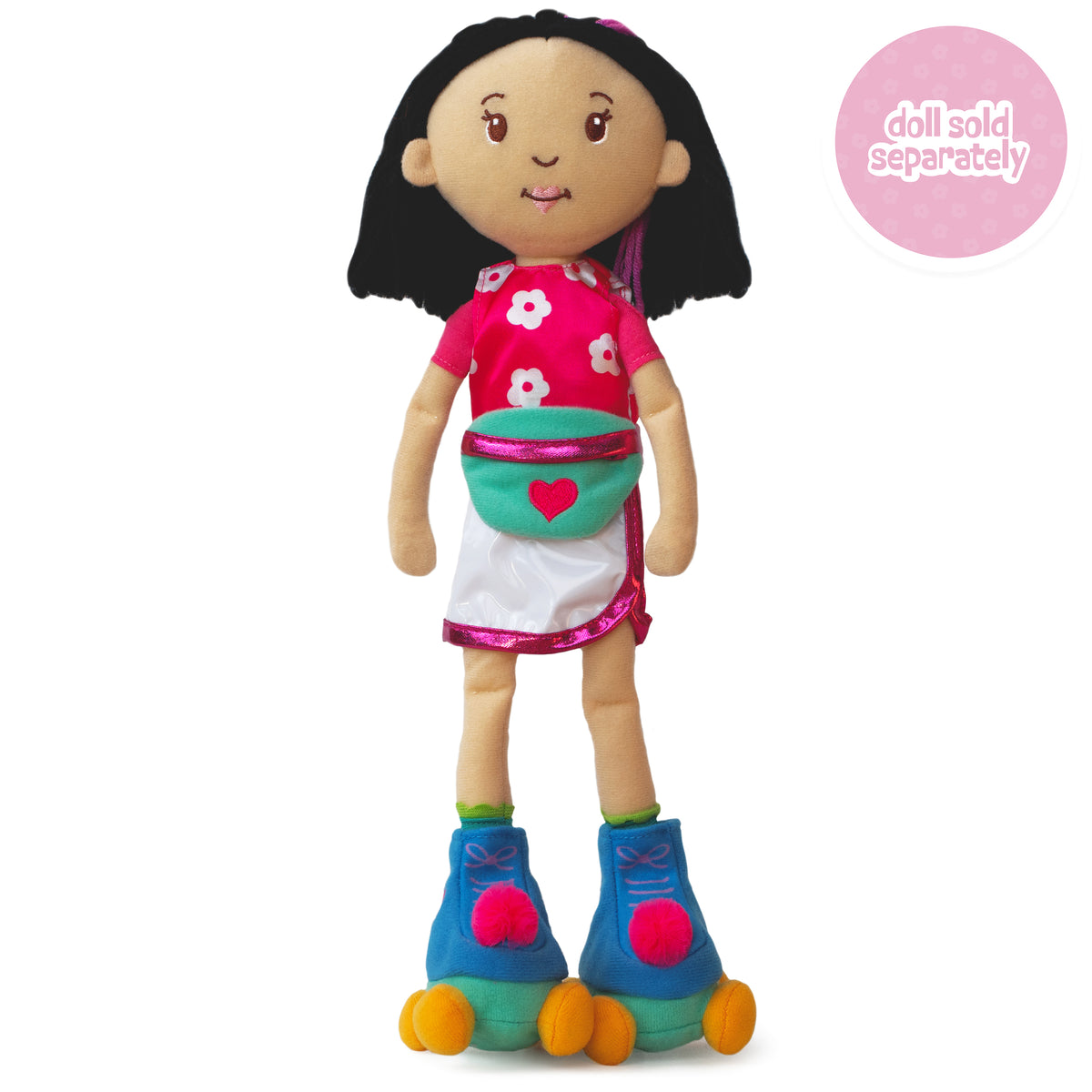 soft doll wearing a pink floral shirt with a white athletic skirt, blue roller skates, and teal waist bag with pink heart icon.