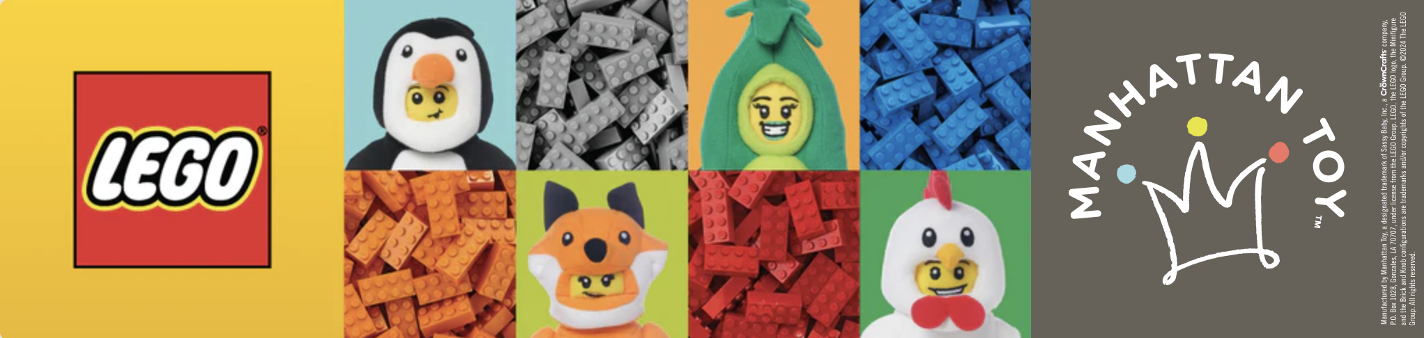 LEGO and Manhattan Toy collaboration banner featuring LEGO minifigures in animal costumes surrounded by colorful LEGO bricks, with LEGO and Manhattan Toy logos on each end.