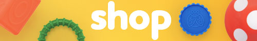 Bright yellow banner with colorful textured toy shapes and the word 'shop' in bold white letters.