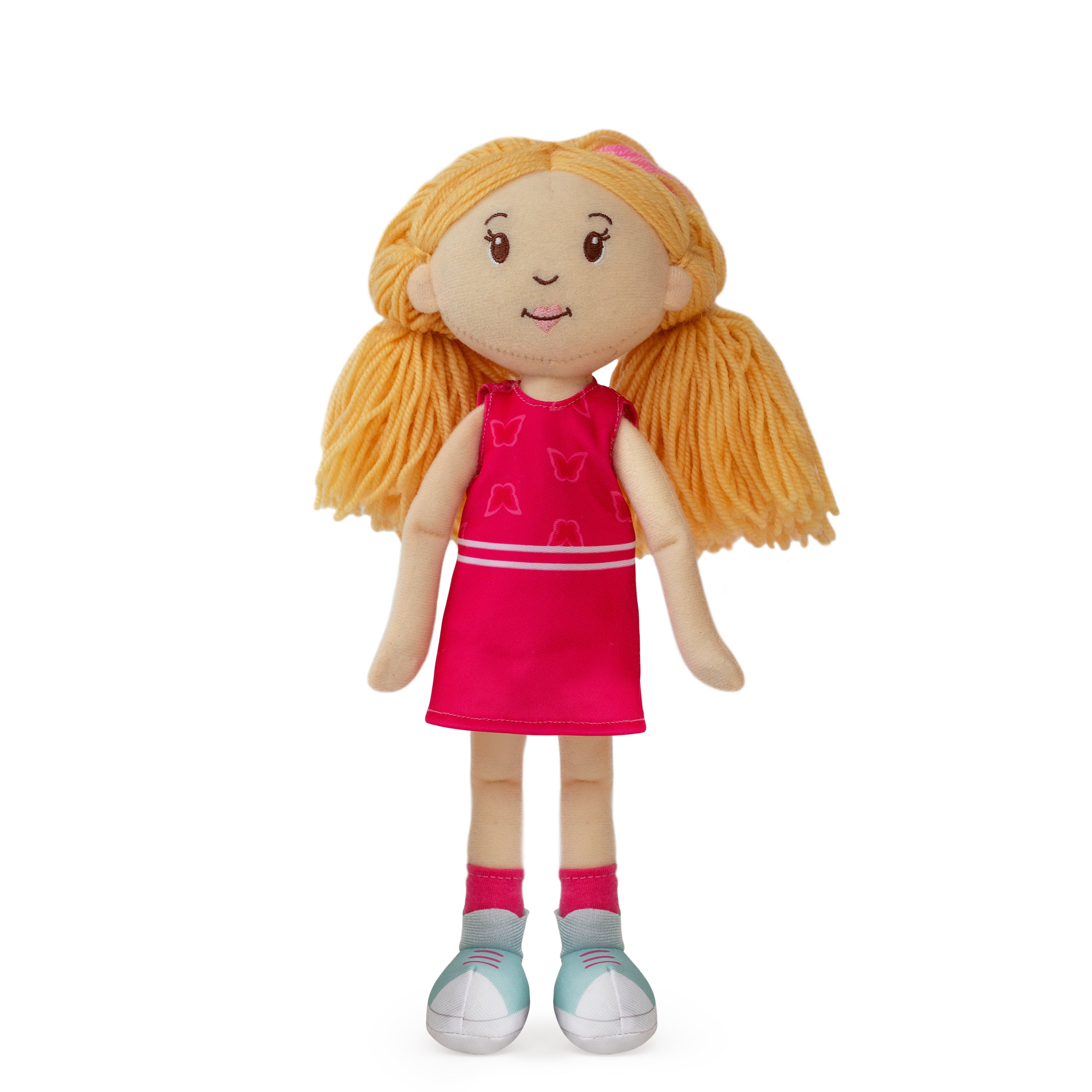 Plush doll with blonde hair, pink dress, and blue shoes on a white background