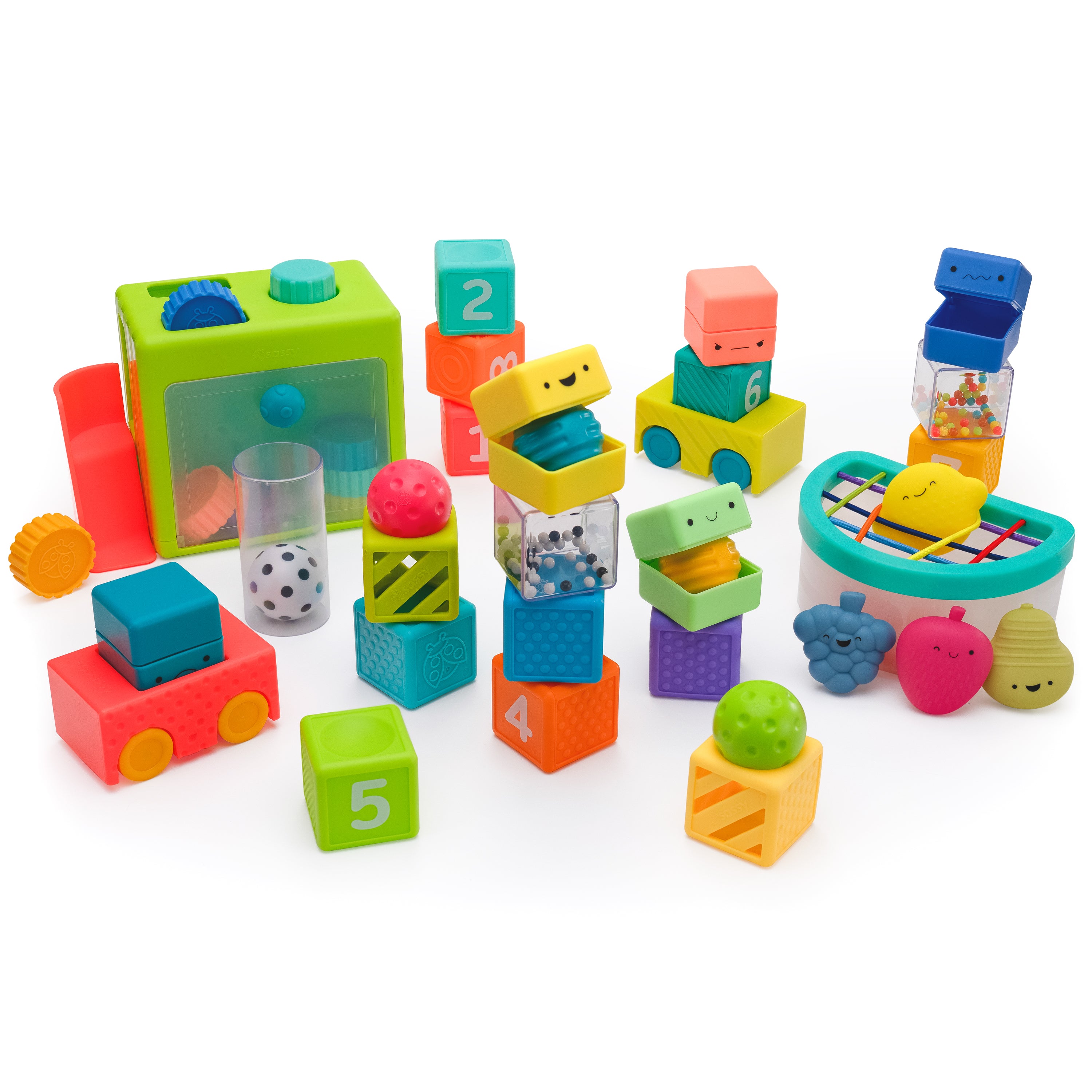 Group visual of colorful plastic stacking blocks, a fruit fill n spill toy and a coin drop set. 