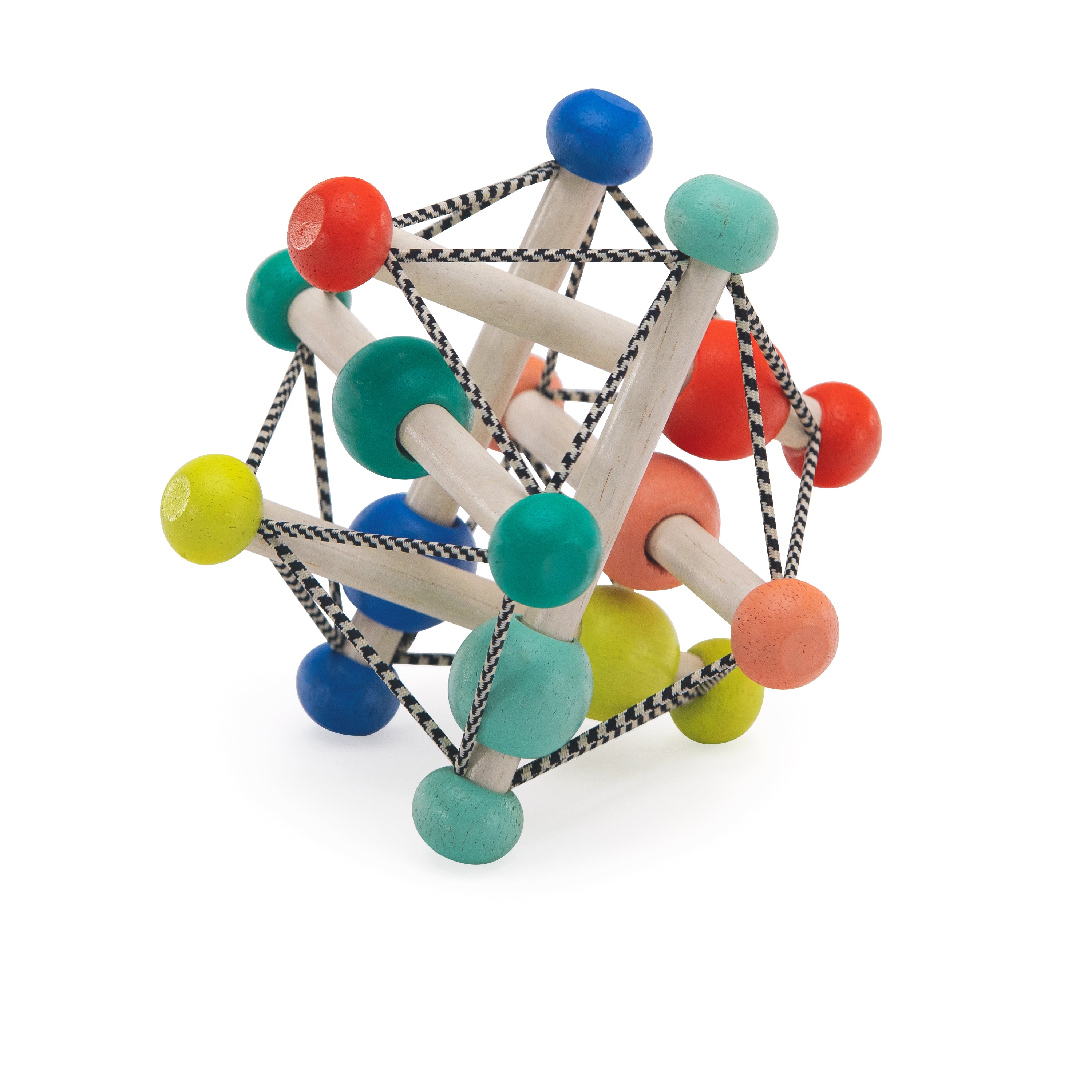 Colorful geometric wooden toy with multicolored beads on a white background