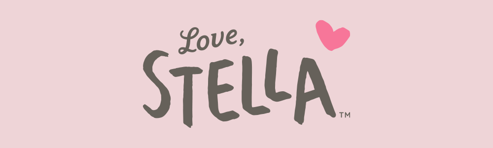 Love, Stella logo featuring playful lettering and a pink heart on a light pink background. Mobile Version
