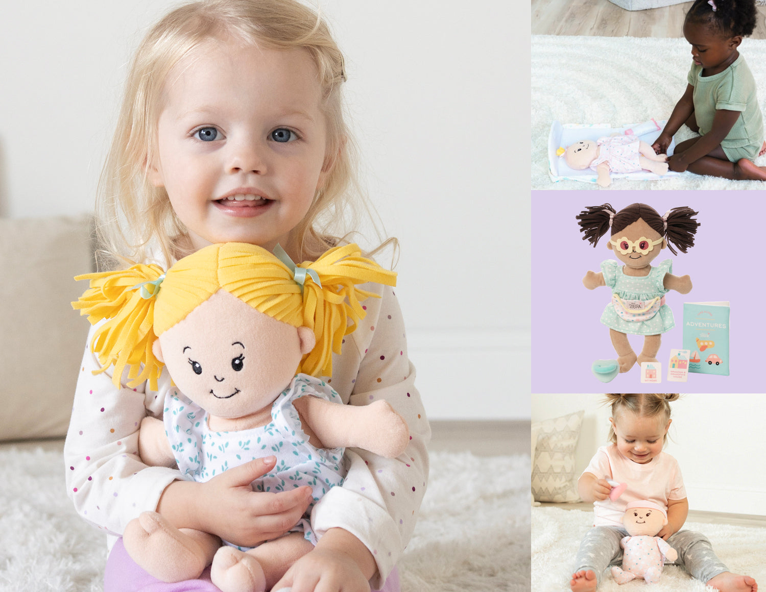 Young girl smiling and hugging a blonde soft doll, alongside a collage showing other children playing with plush dolls and accessories.
