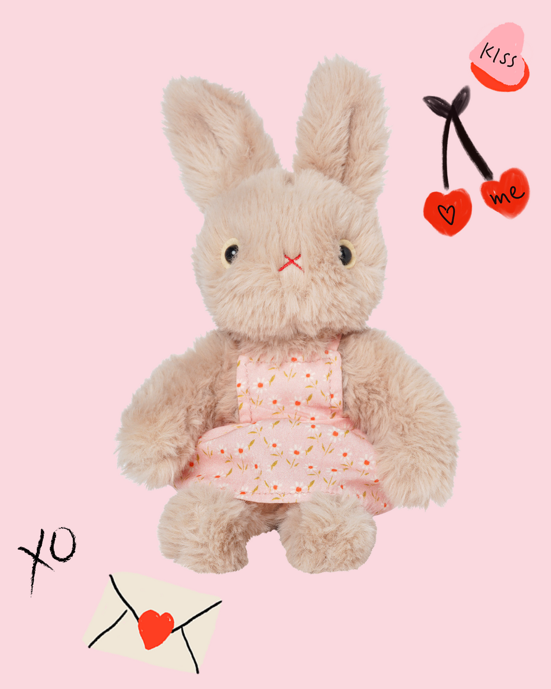 spft pink bunny plush toy with pink floral dress