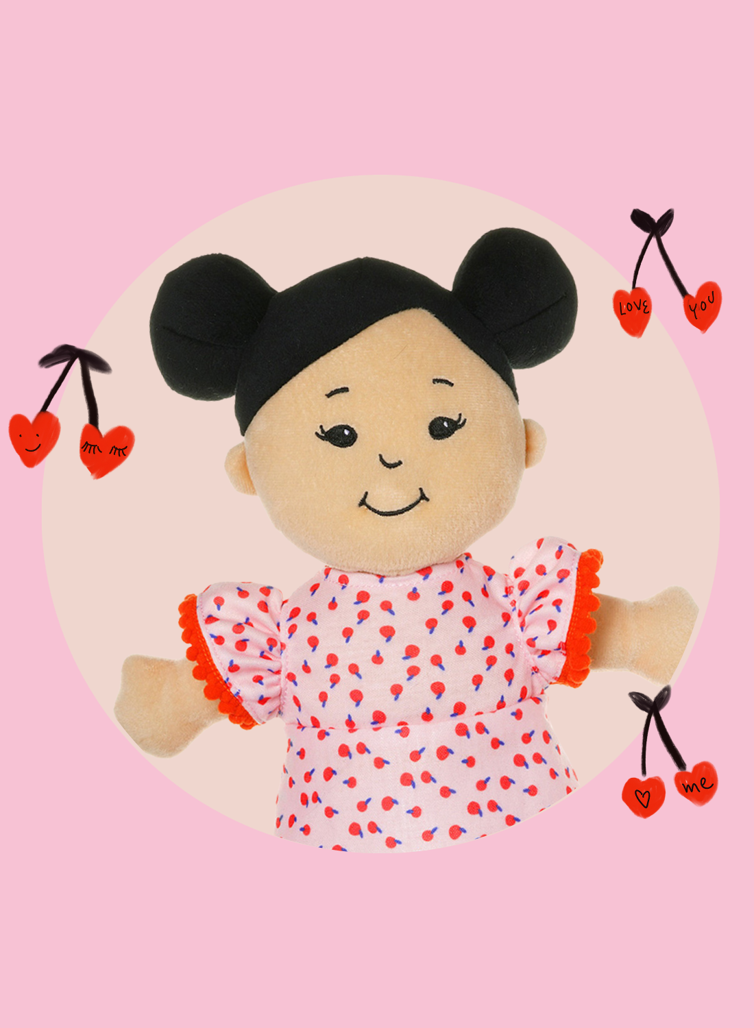 soft baby doll with black hair and cherry print dress