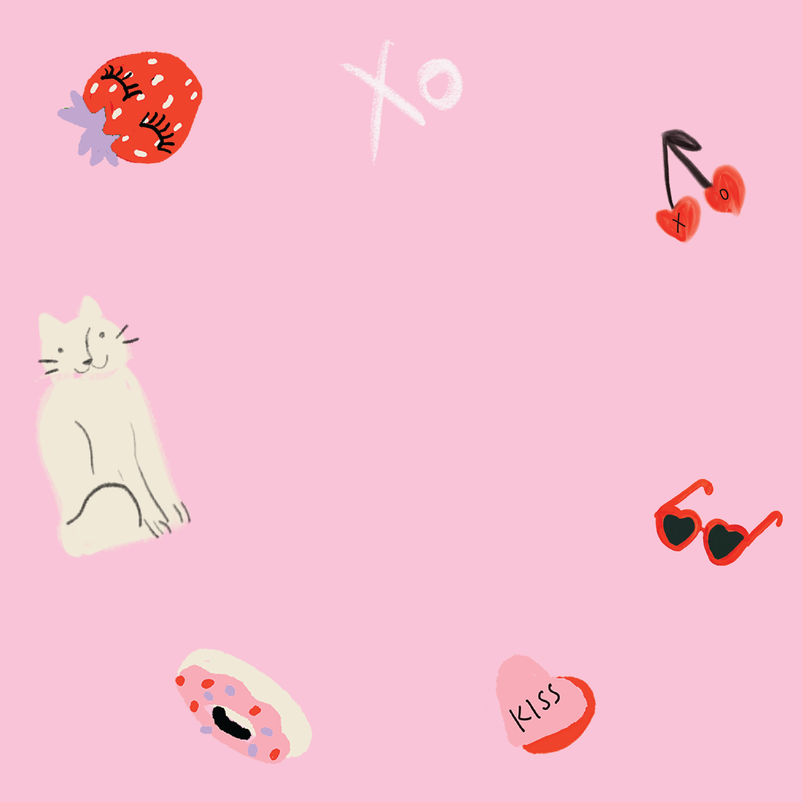 Valentines themed background pattern - hearts, cats, donuts, strawberries - Mobile image