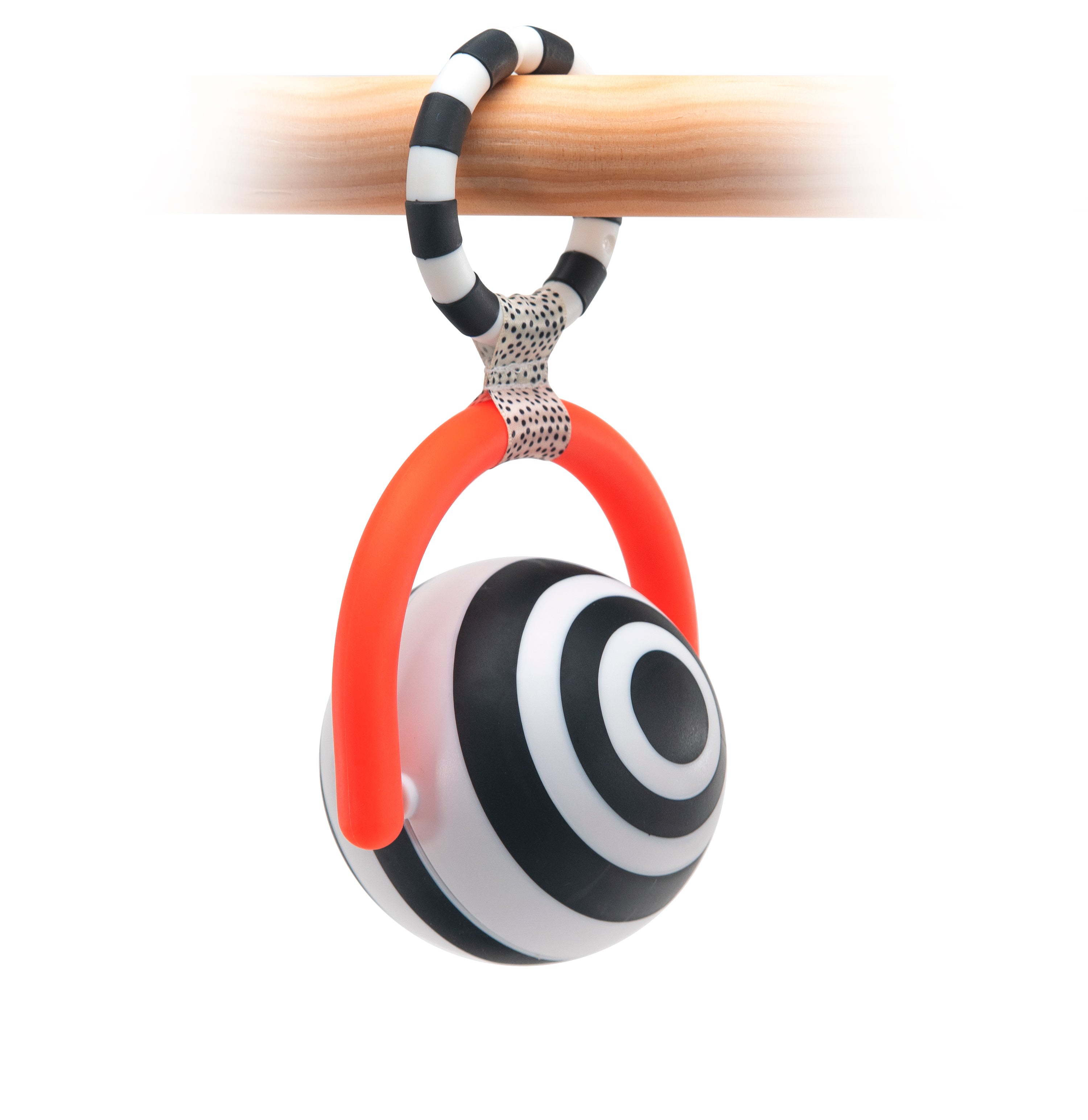 Black and white striped ball with red handle on a white background
