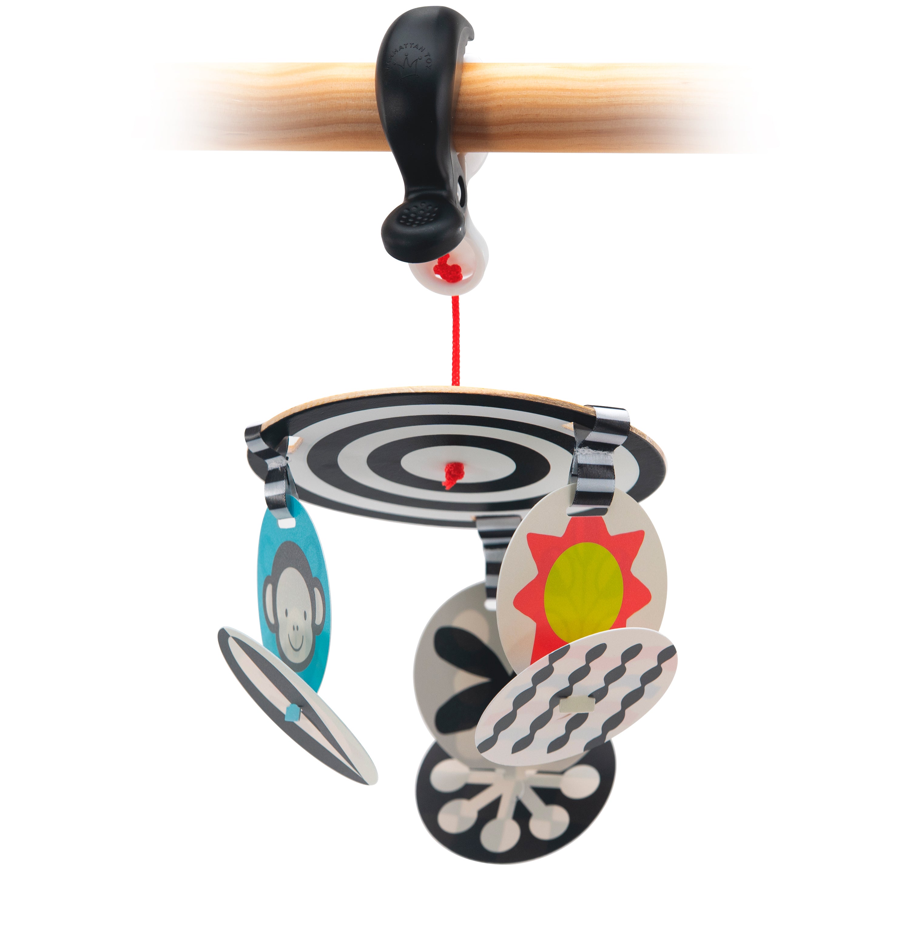 Colorful hanging mobile with geometric shapes on a white background