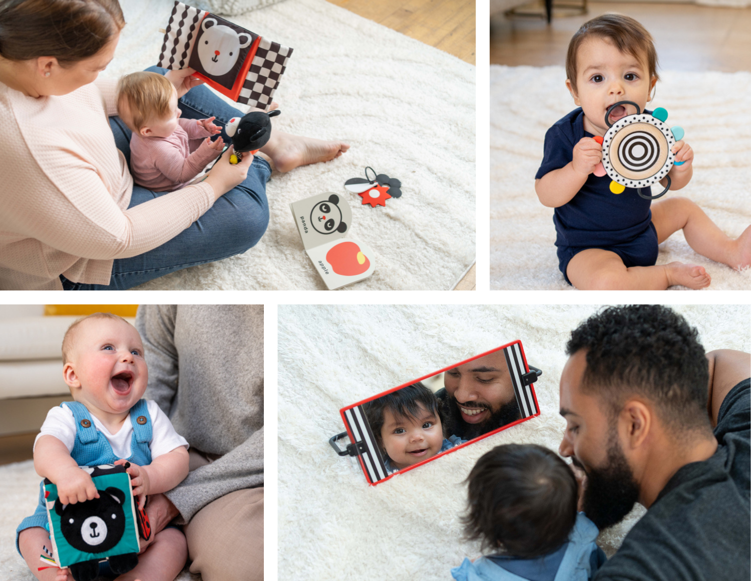 Compilation visual of babies along with babies and parents exploring black and white infant toys.