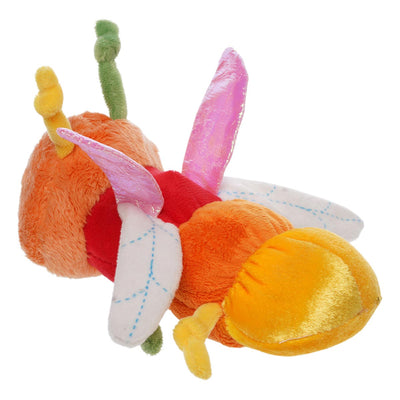 Back view of plush dragonfly puppet with an orange head, multicolored body, legs, and antennae, and pink and white wings. 