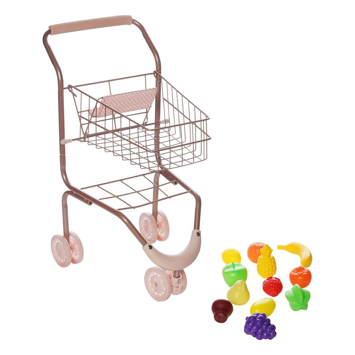 Aluminum pink child-sized shopping cart with three plastic wheels, a fabric seat cover, and colorful plastic fruit. 