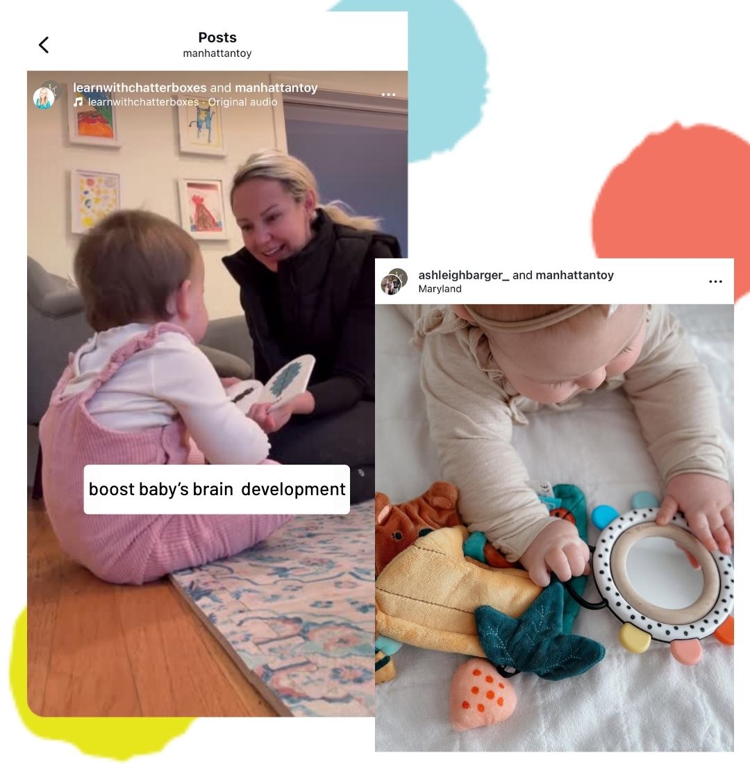 multi-content graphic with two social posts of video and image content of kids and parents playing with infant toys and text overlay of "boost baby's brain development".