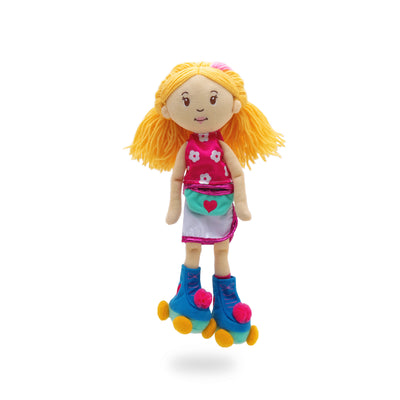 Soft doll wearing pink floral shirt with athletic skirt, roller skates, and waist bag.