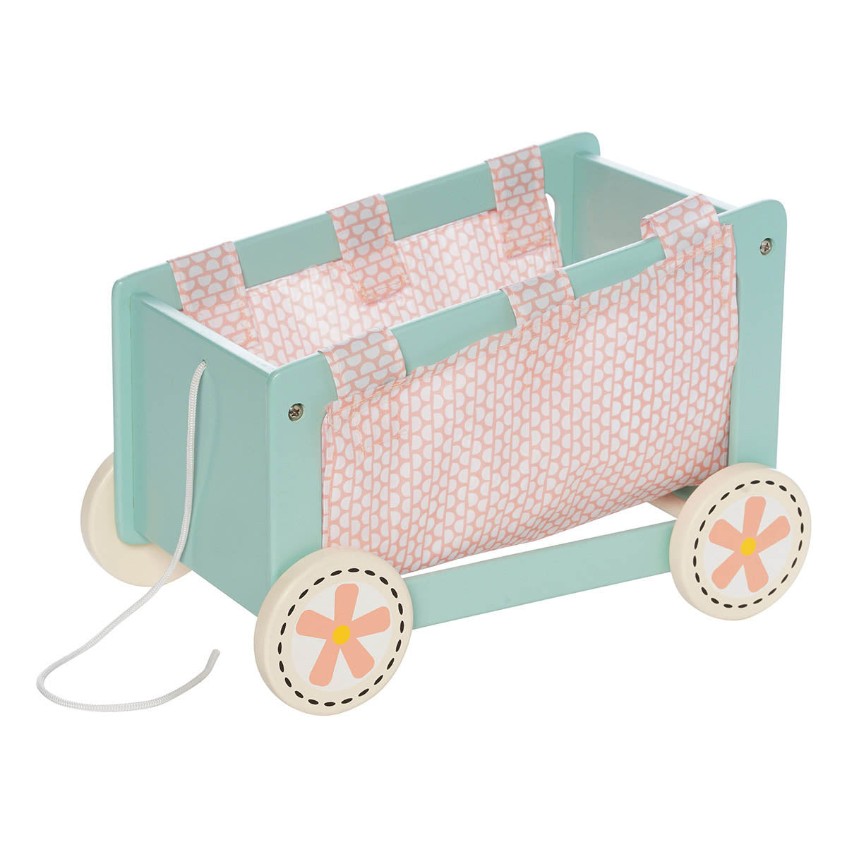 A blue and pink wooden doll wagon with a pull cord in front, flowers on the wheels, and a pink fabric insert. 