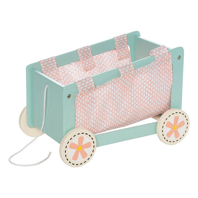 A blue and pink wooden doll wagon with a pull cord in front, flowers on the wheels, and a pink fabric insert. 