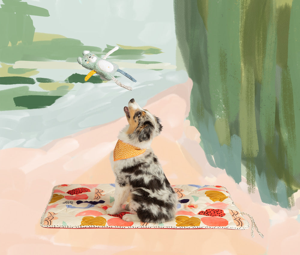 Dog throwing toy in the air on watercolor background