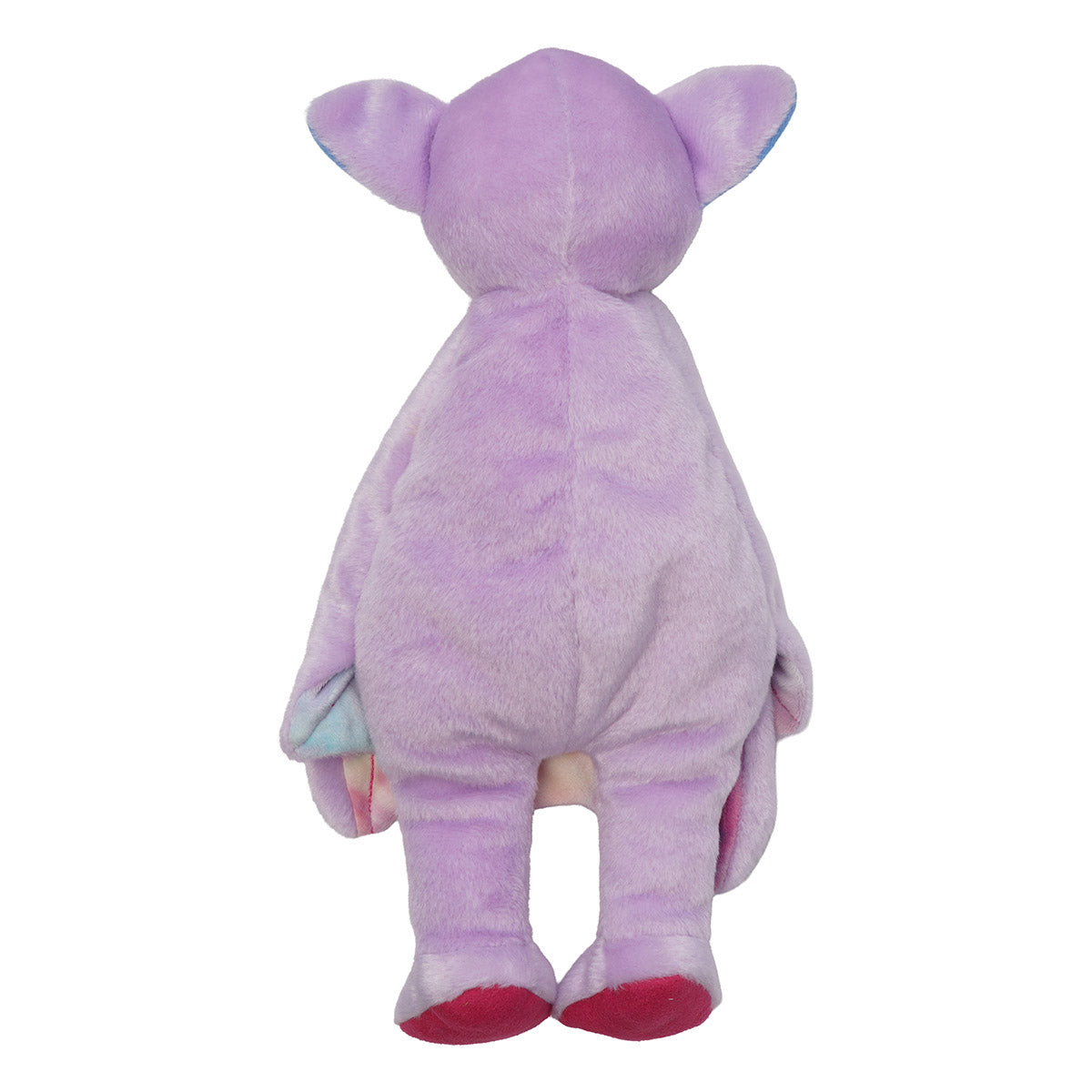 The back side of a purple plush bat toy with its wings down. 